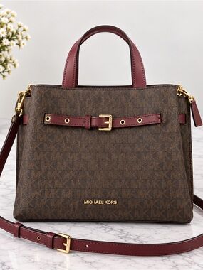 Michael Kors Brown Monogram Satchel with Burgundy Trim